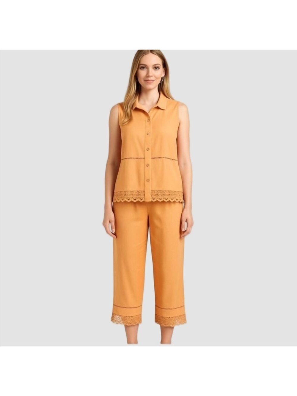 Magic Linen Cotton Sleeveless Button Front Shirt Capri Set Lace Trim 2X